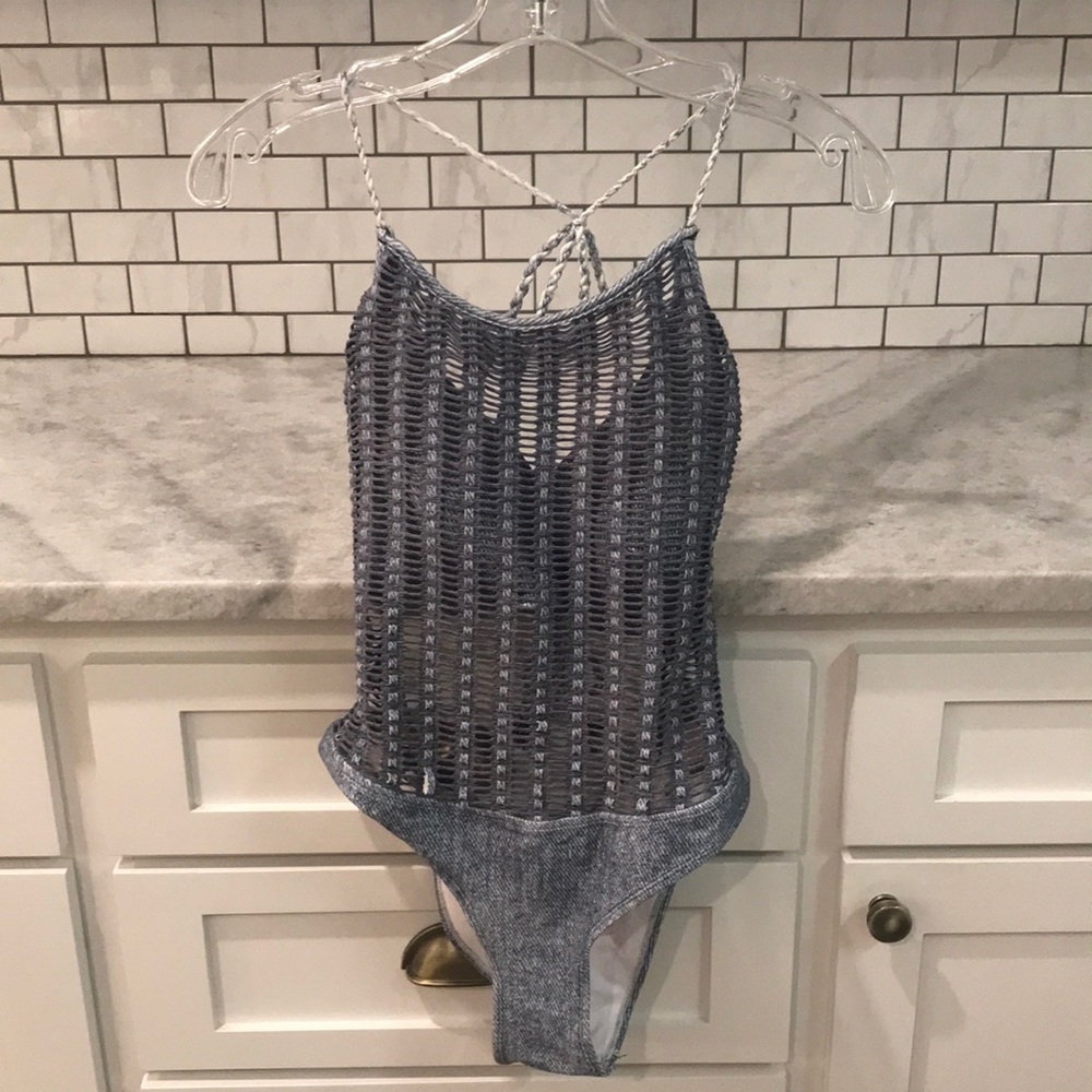 Despi Alambrado Onepiece Swim Wear Womens Large Blue Hand Crocheted Swimsuit